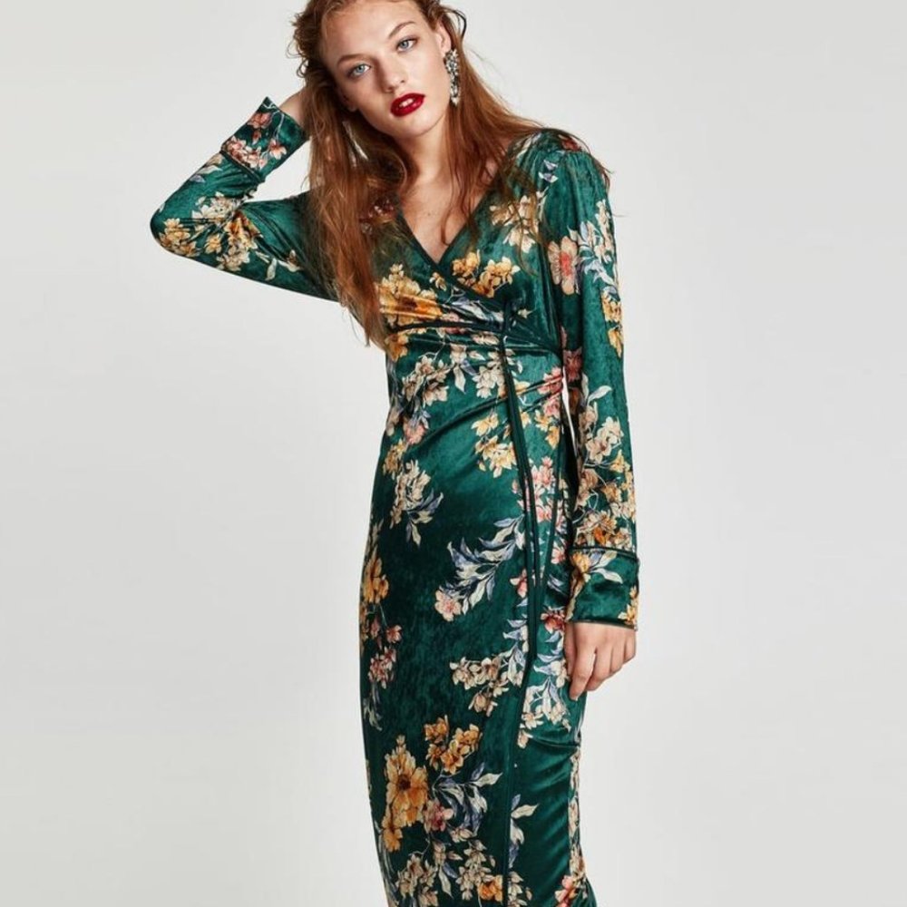 ZARA Velvet FLORAL PRINT WRAP KIMONO Maxi Dress